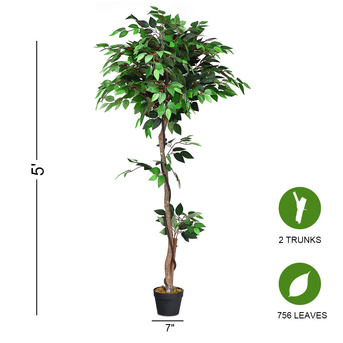 Realistic 5.5' Artificial Ficus Silk Tree with Natural Wooden Trunks