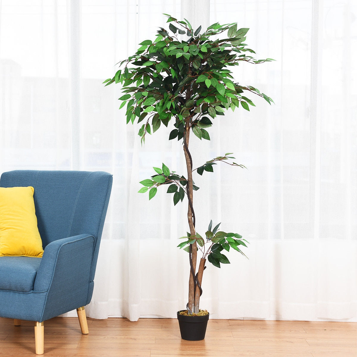 Realistic 5.5' Artificial Ficus Silk Tree with Natural Wooden Trunks