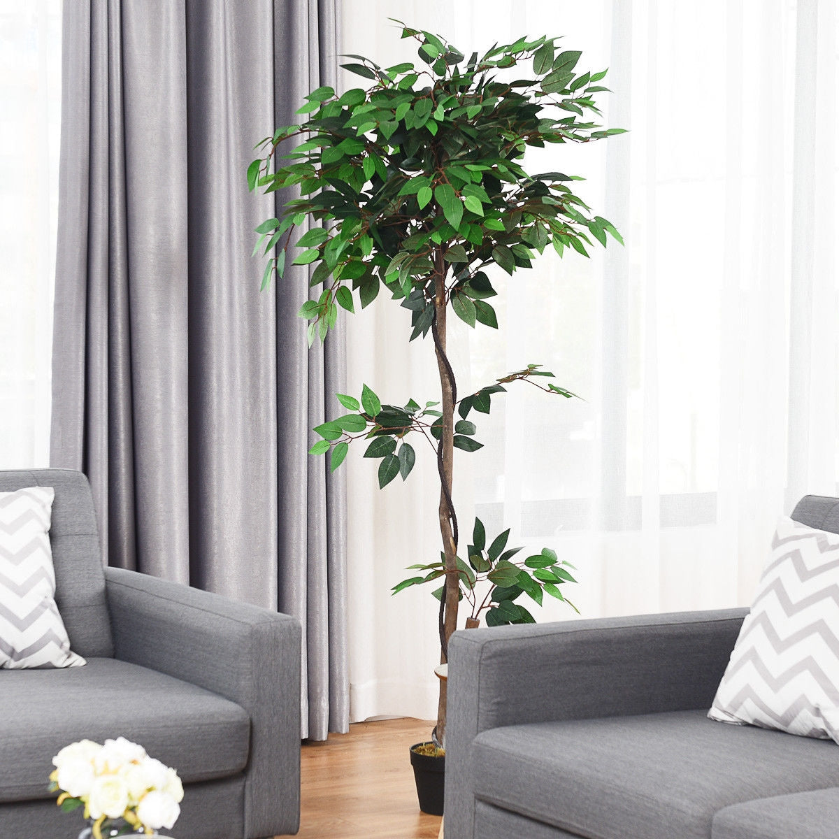 Realistic 5.5' Artificial Ficus Silk Tree with Natural Wooden Trunks