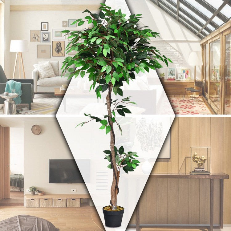 Realistic 5.5' Artificial Ficus Silk Tree with Natural Wooden Trunks