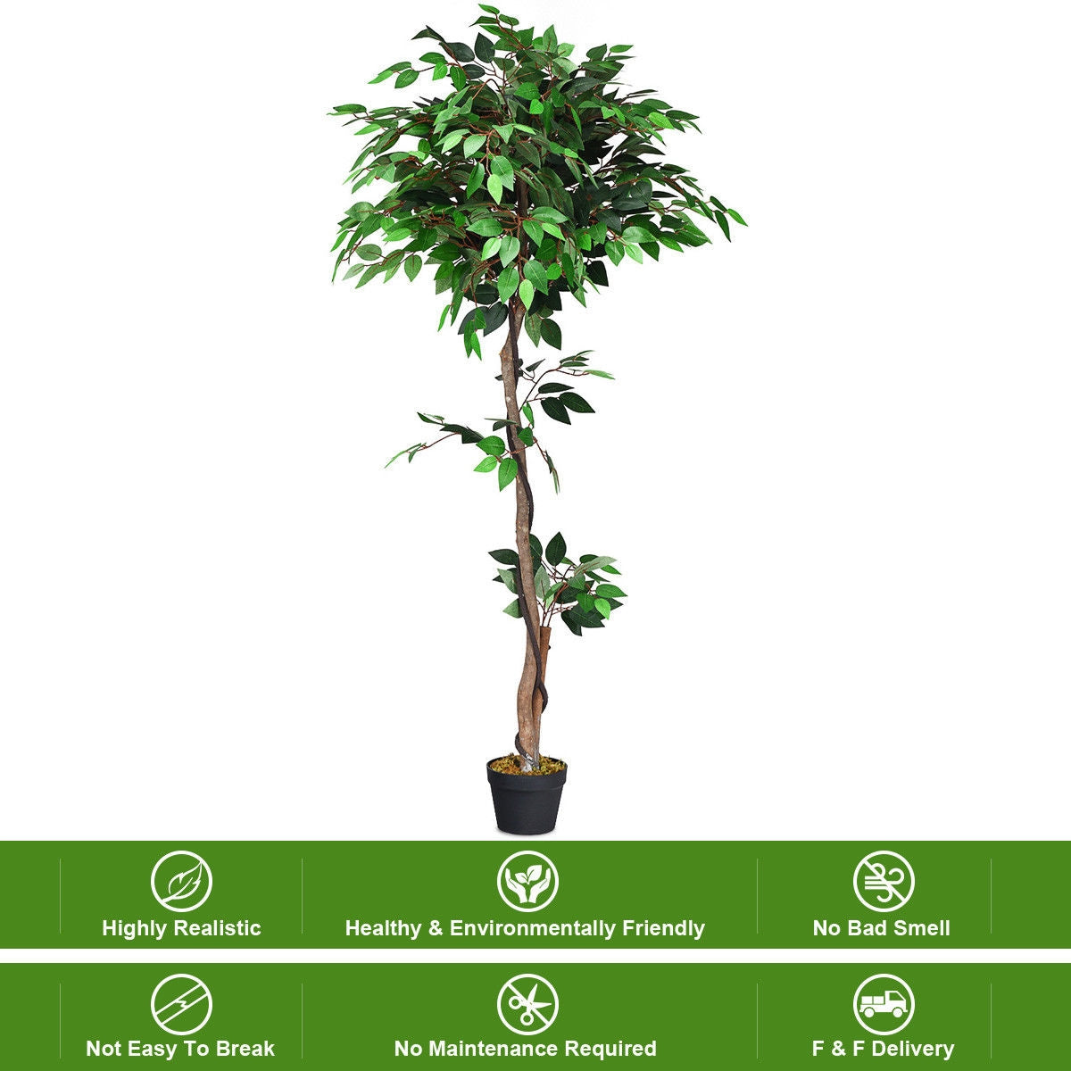 Realistic 5.5' Artificial Ficus Silk Tree with Natural Wooden Trunks