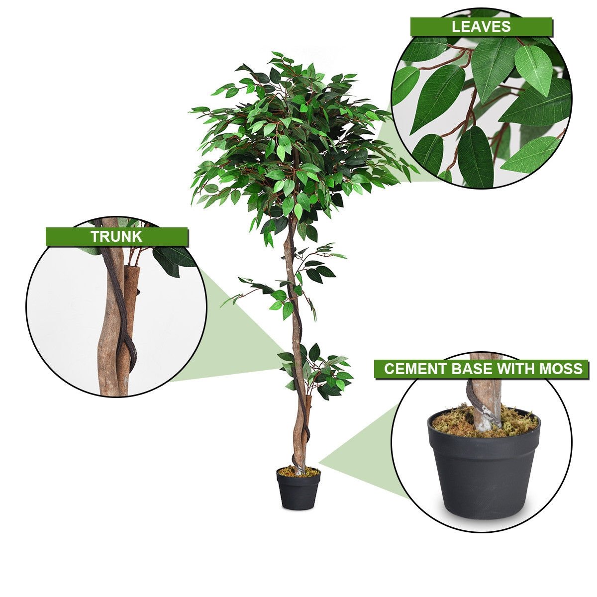 Realistic 5.5' Artificial Ficus Silk Tree with Natural Wooden Trunks