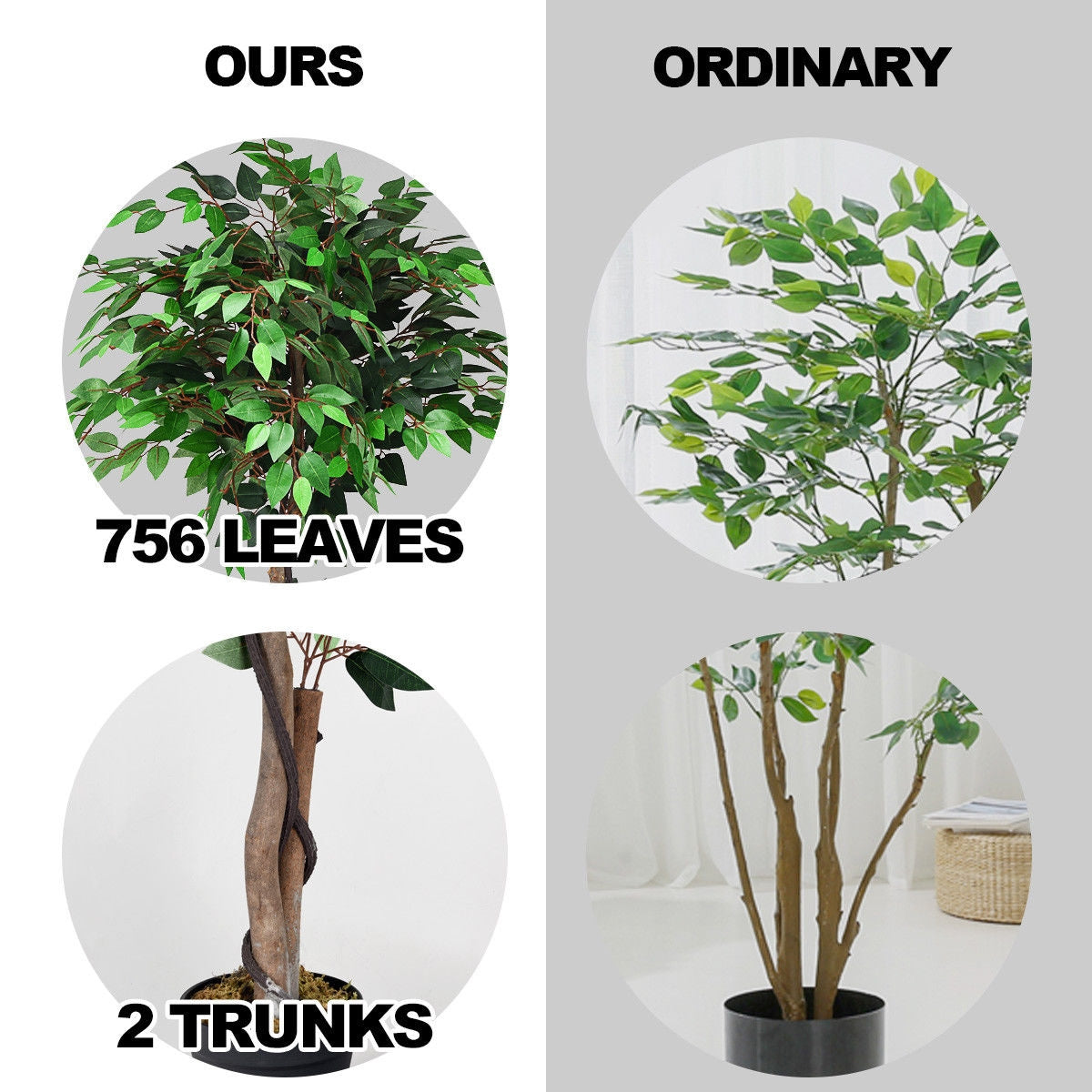 Realistic 5.5' Artificial Ficus Silk Tree with Natural Wooden Trunks