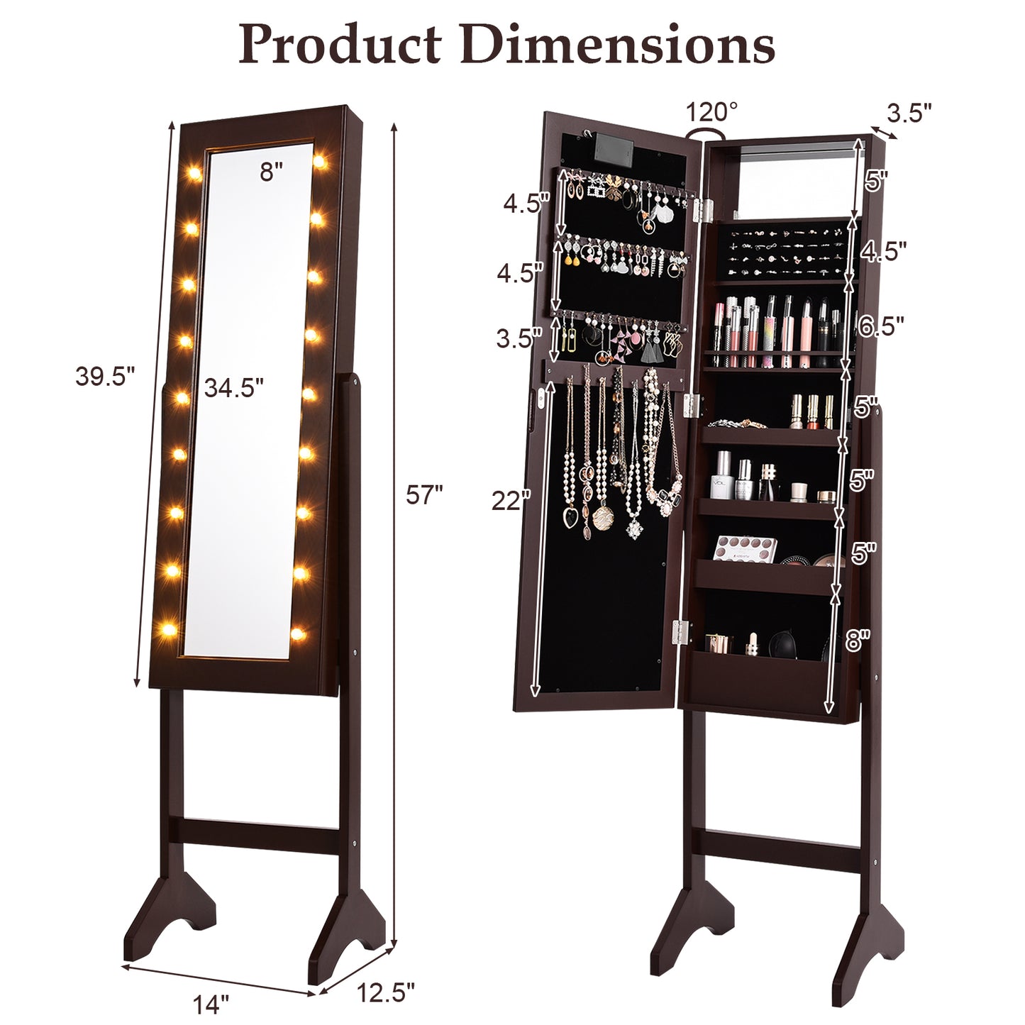 Freestanding Mirrored Jewelry Armoire with LED Lights and Storage Organizer – Brown