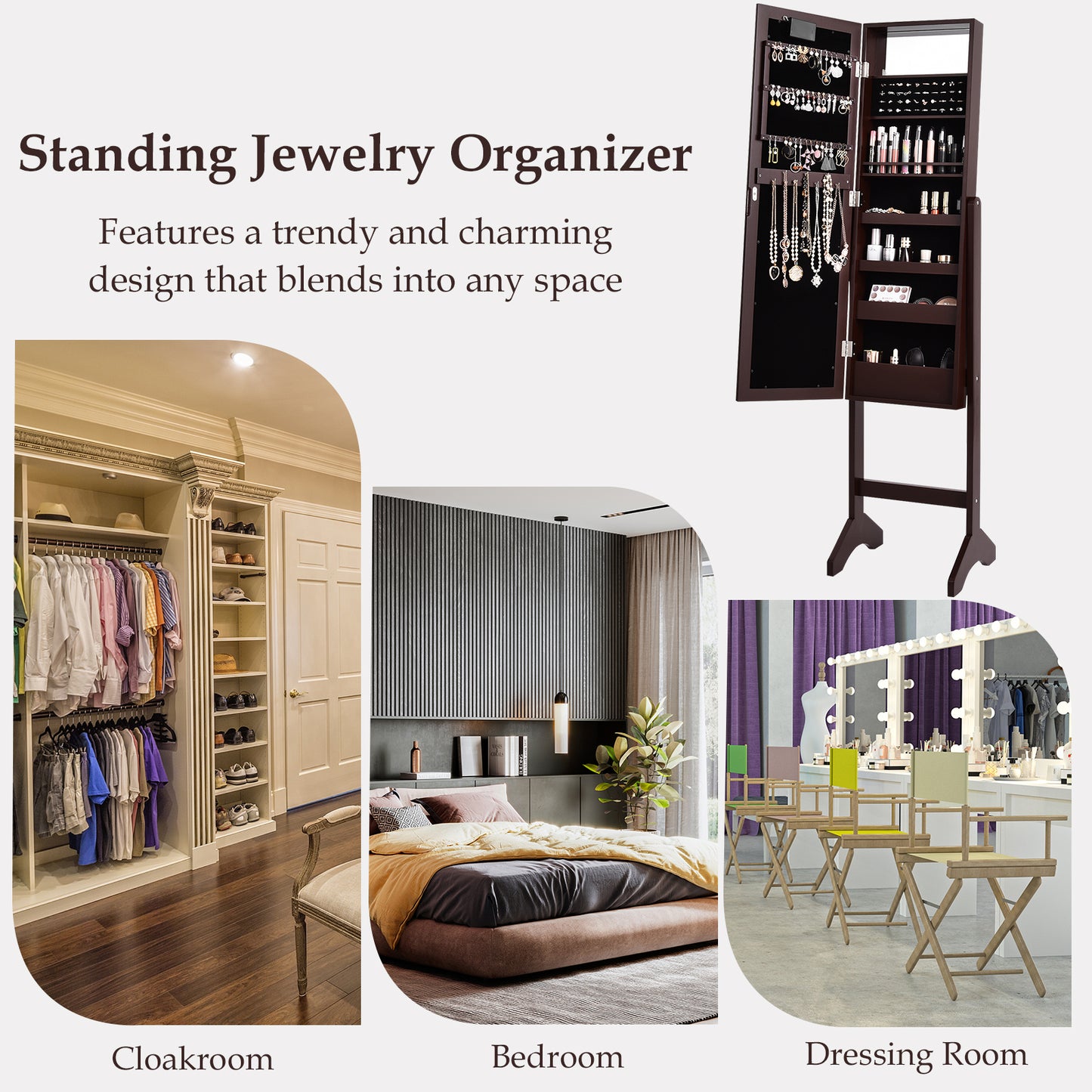 Freestanding Mirrored Jewelry Armoire with LED Lights and Storage Organizer – Brown