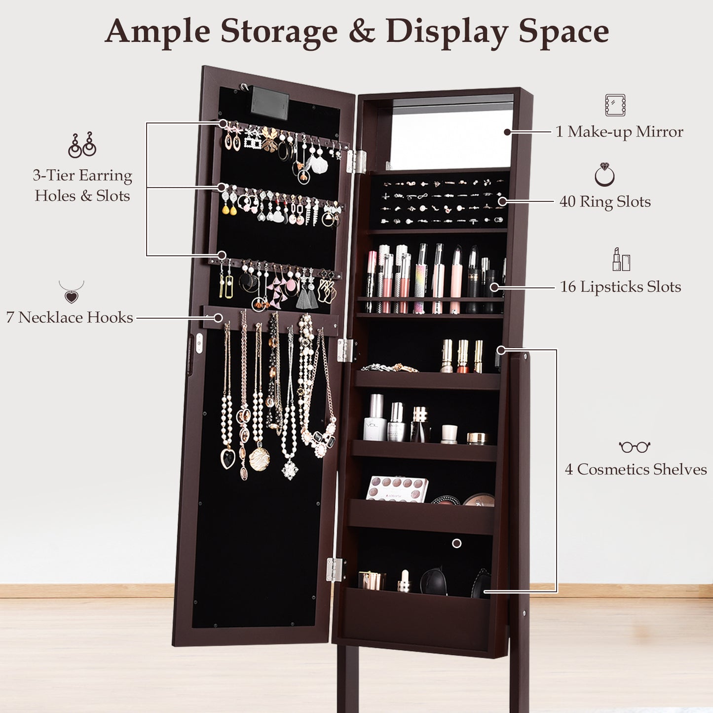 Freestanding Mirrored Jewelry Armoire with LED Lights and Storage Organizer – Brown