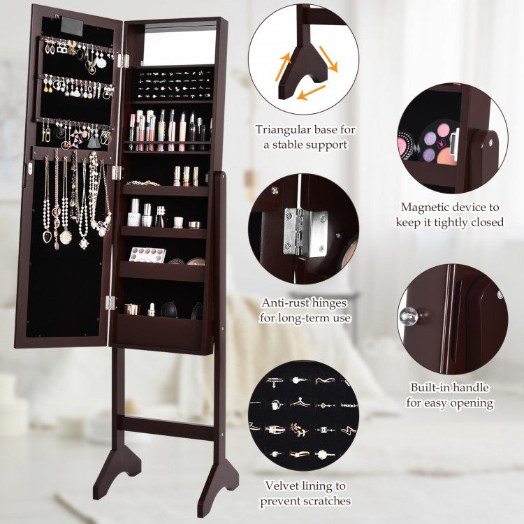 Freestanding Mirrored Jewelry Armoire with LED Lights and Storage Organizer – Brown