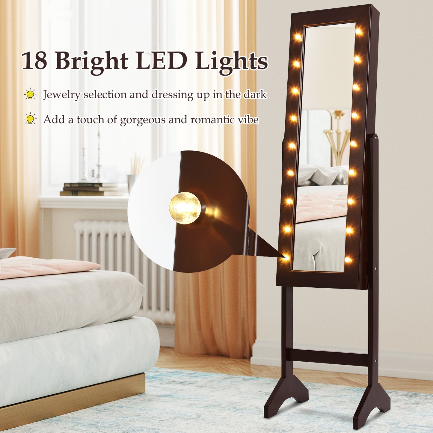 Freestanding Mirrored Jewelry Armoire with LED Lights and Storage Organizer – Brown