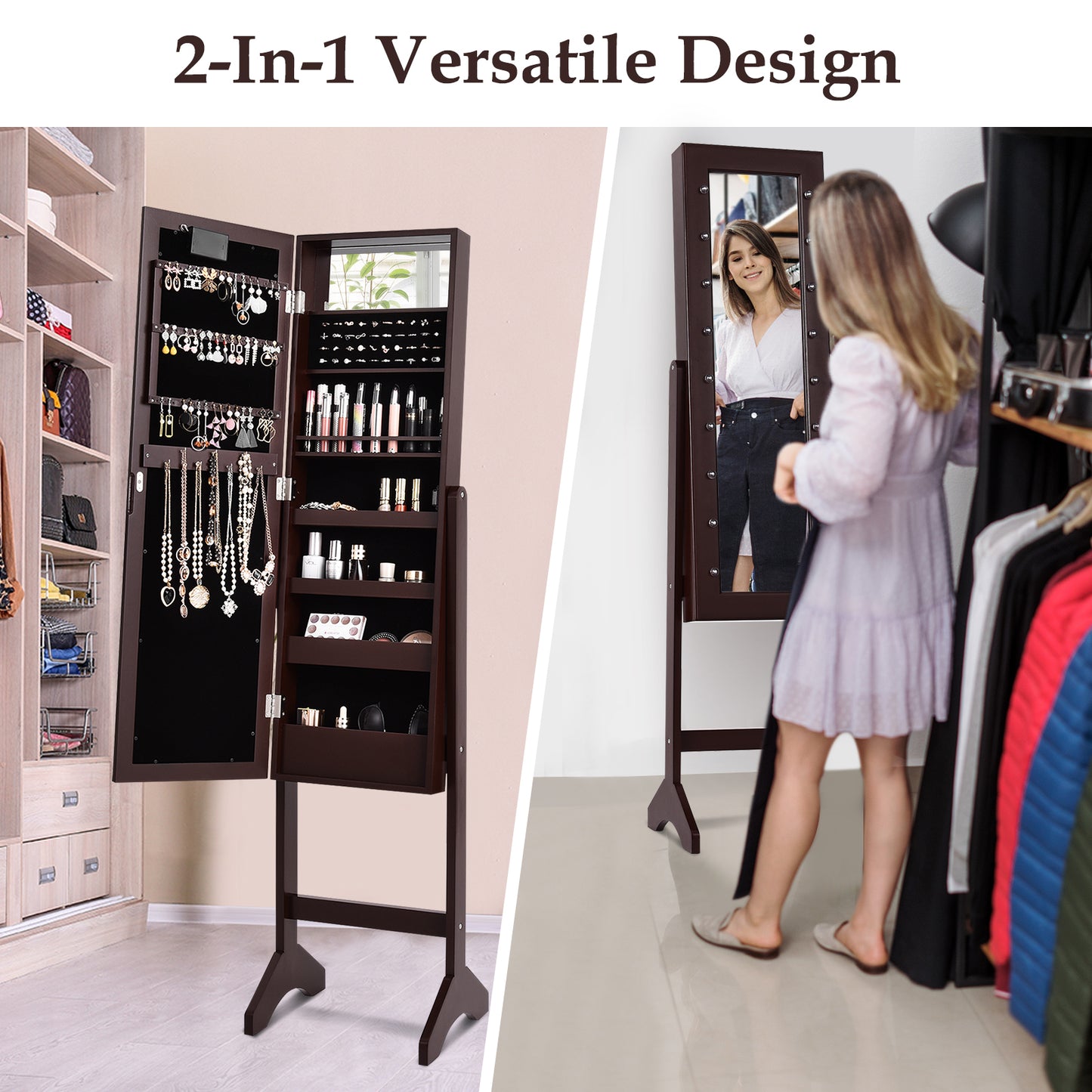 Freestanding Mirrored Jewelry Armoire with LED Lights and Storage Organizer – Brown
