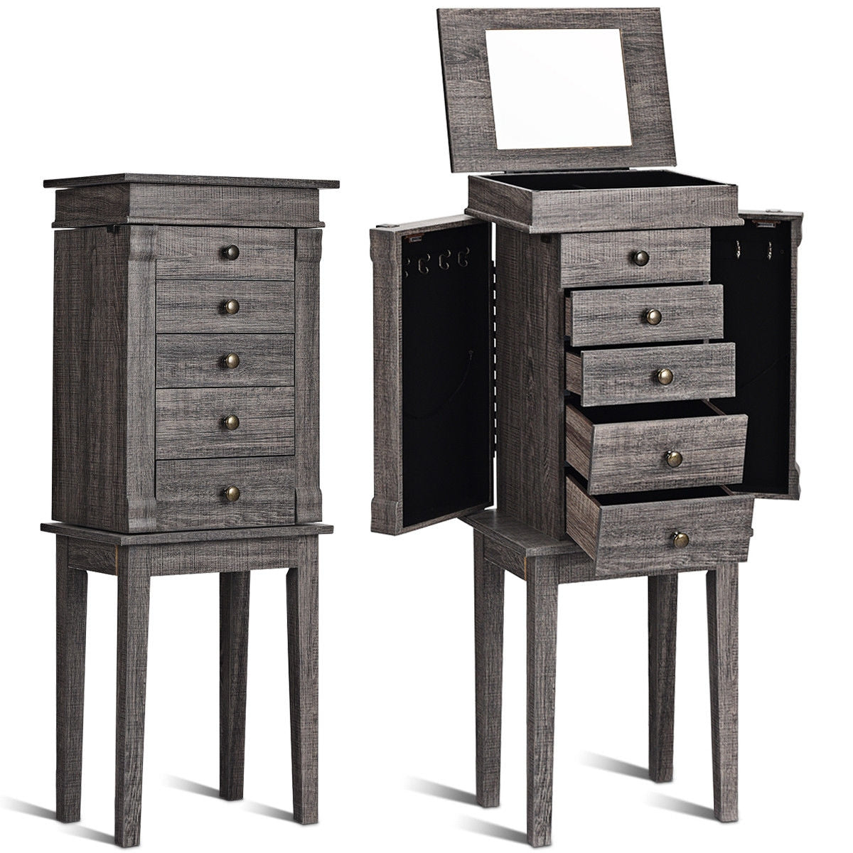 Freestanding Jewelry Armoire with Mirror, Drawers, and Solid Wood Legs