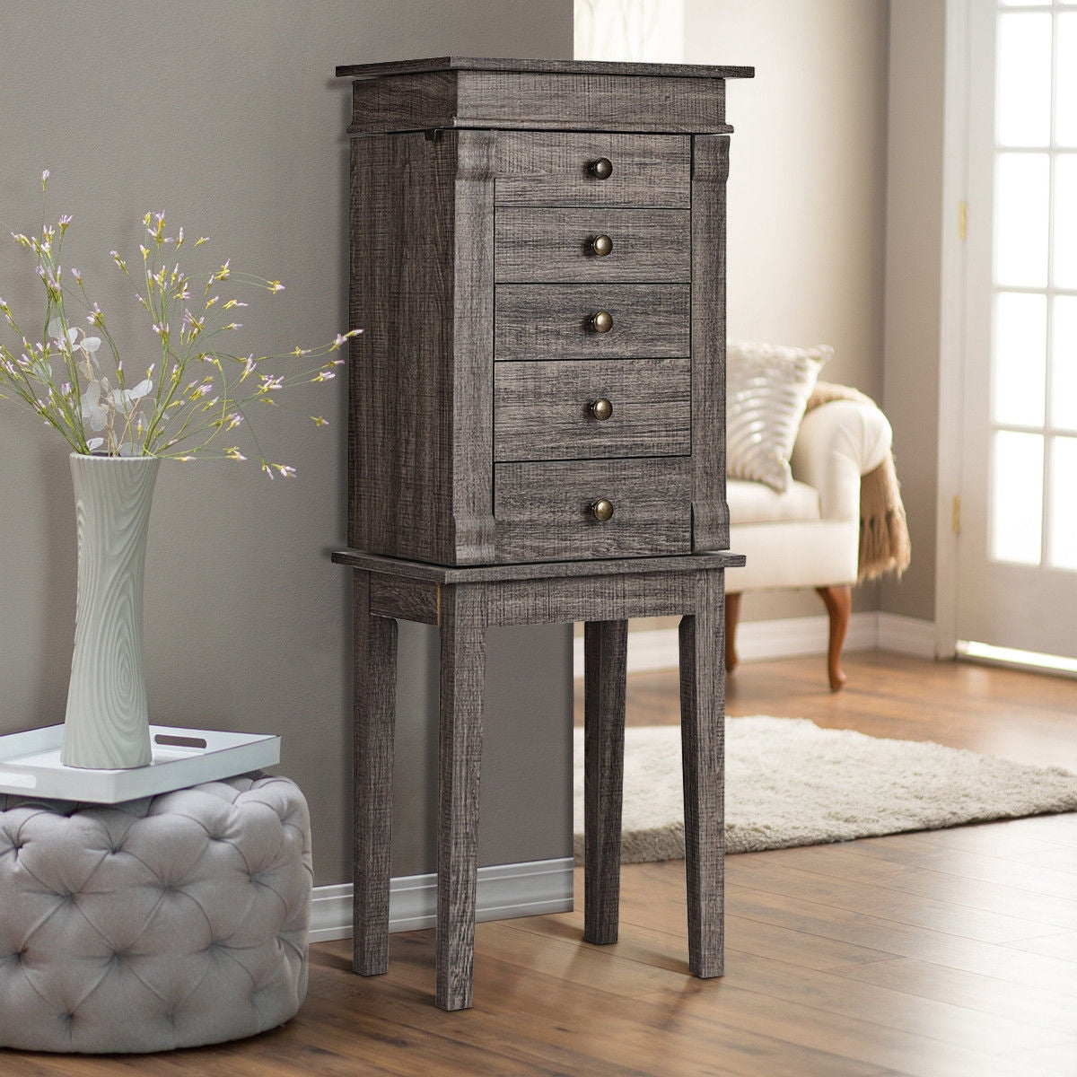 Freestanding Jewelry Armoire with Mirror, Drawers, and Solid Wood Legs