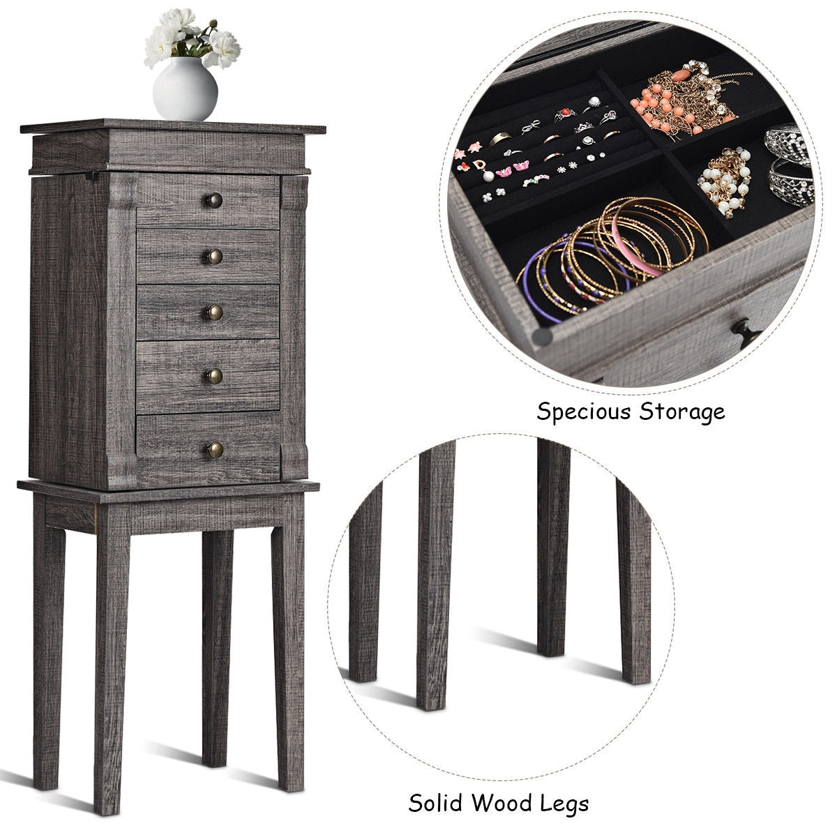 Freestanding Jewelry Armoire with Mirror, Drawers, and Solid Wood Legs