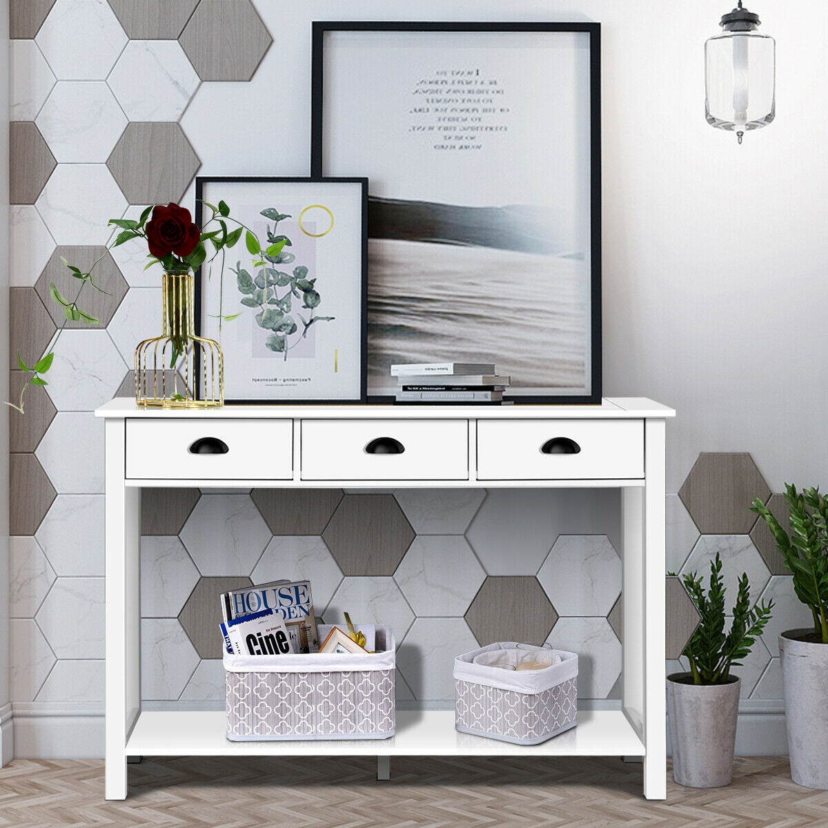 Modern Entryway Table with Storage Drawers and Bottom Shelf, 47 Inch Accent Desk