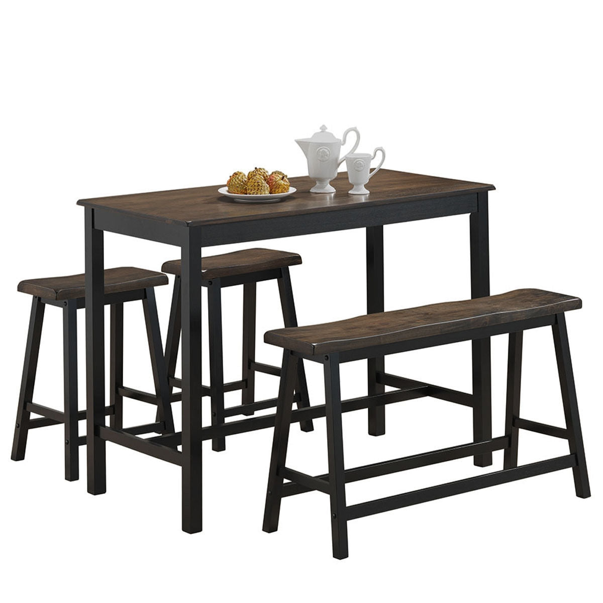 4 Piece Solid Wood Counter Height Dining Set in Grey with Bench and Stools