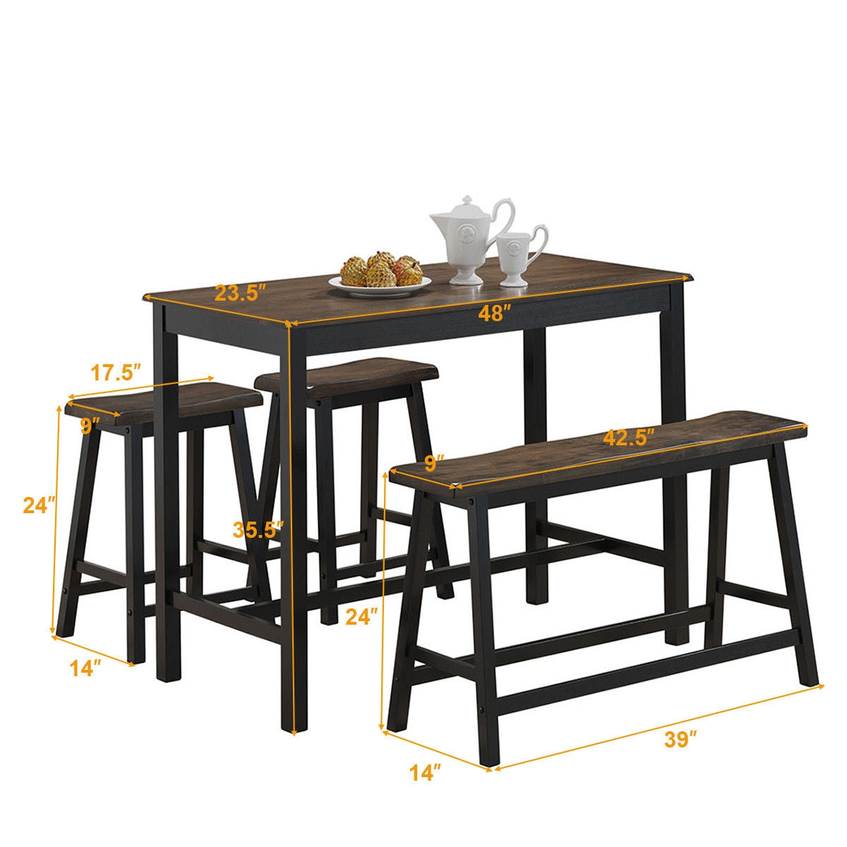 4 Piece Solid Wood Counter Height Dining Set in Grey with Bench and Stools