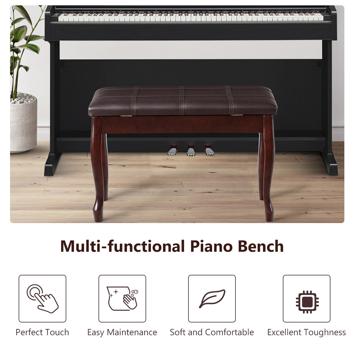 Classic Piano Bench with Storage Compartment and PU Leather Cushion - Brown