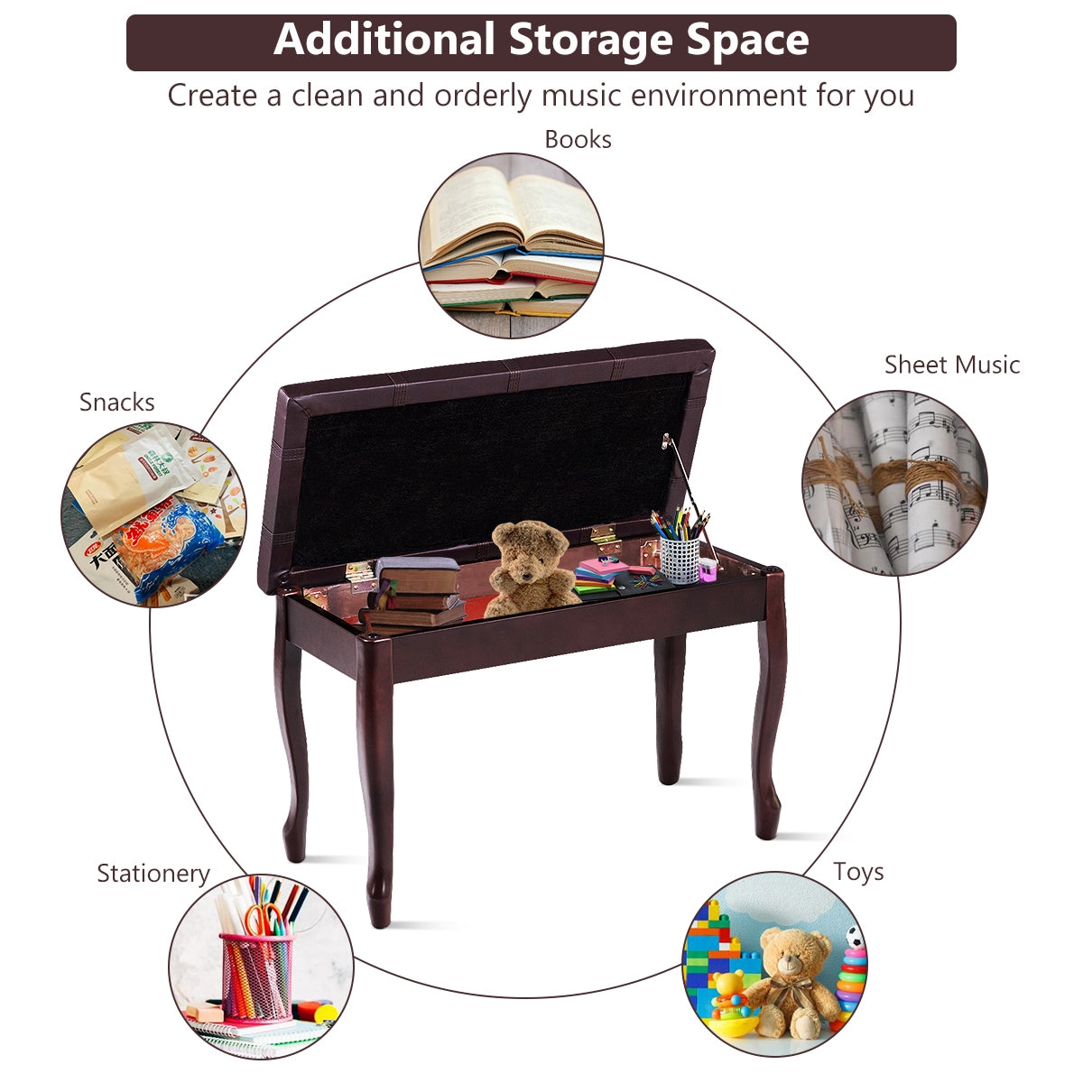 Classic Piano Bench with Storage Compartment and PU Leather Cushion - Brown