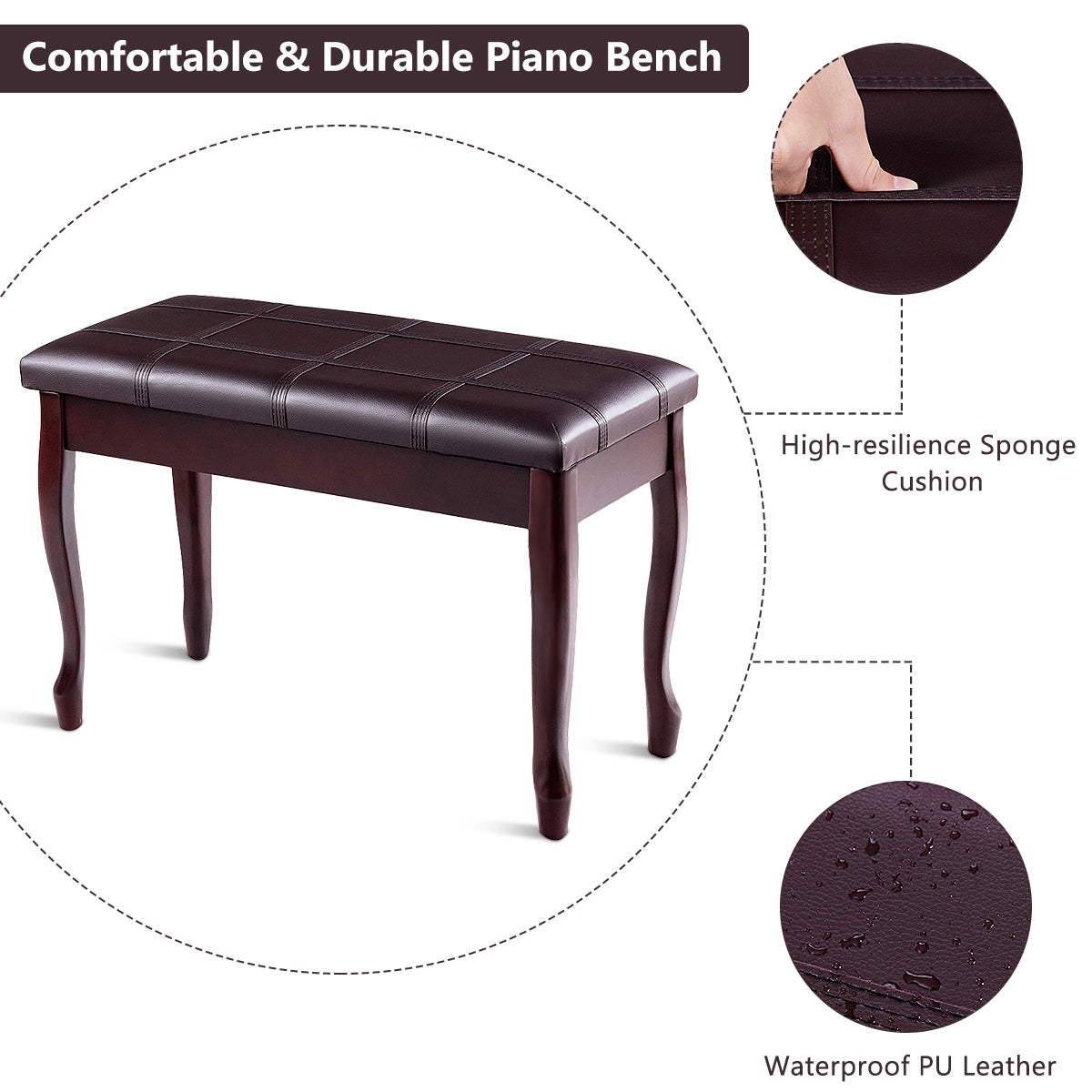 Classic Piano Bench with Storage Compartment and PU Leather Cushion - Brown