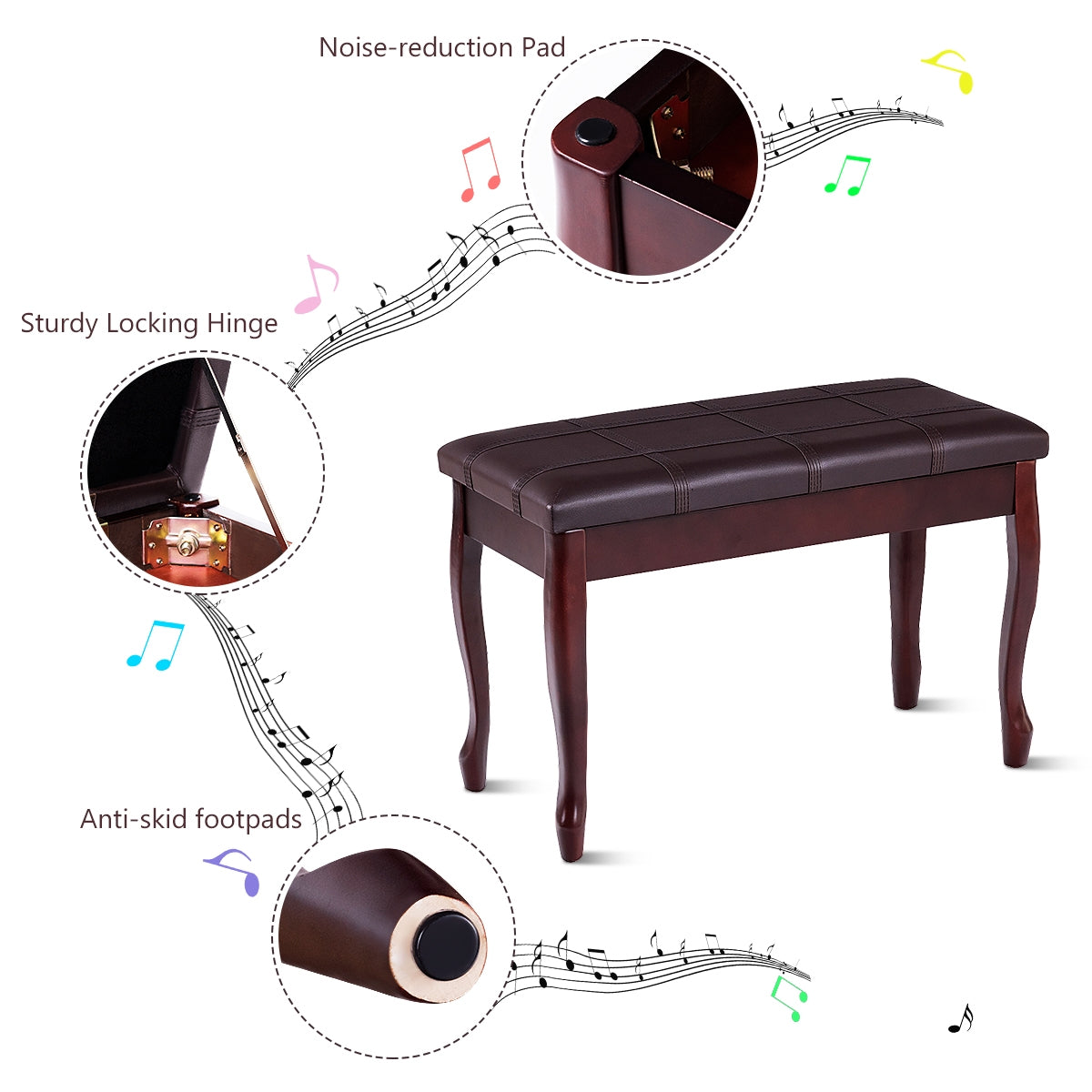 Classic Piano Bench with Storage Compartment and PU Leather Cushion - Brown