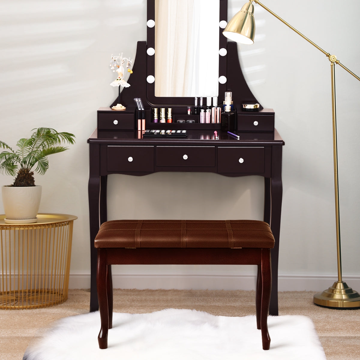 Classic Piano Bench with Storage Compartment and PU Leather Cushion - Brown