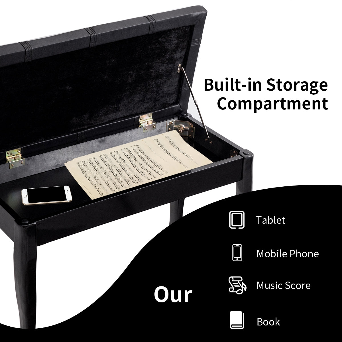 Classic Piano Bench with Storage Compartment and PU Leather Cushion - Black