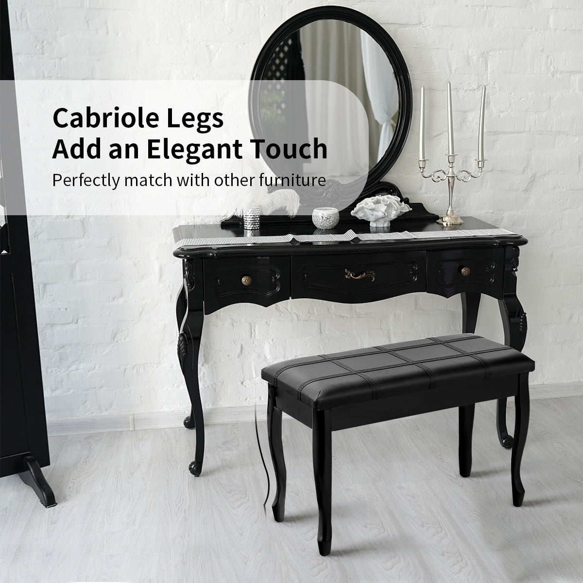 Classic Piano Bench with Storage Compartment and PU Leather Cushion - Black