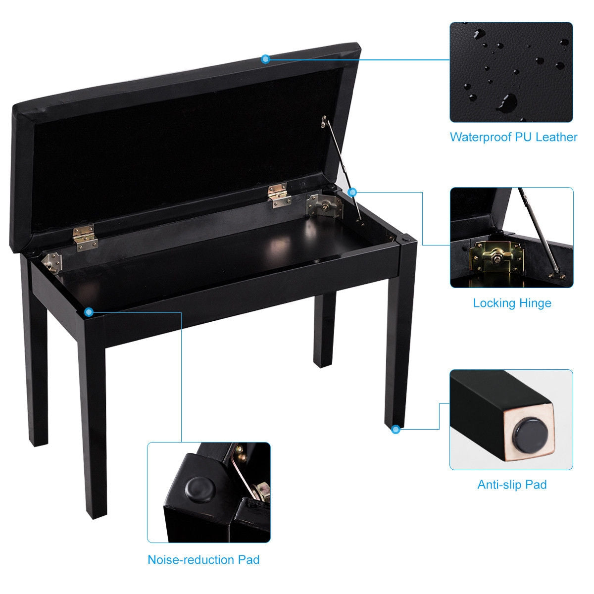 Comfortable PU Leather Piano Bench with Sturdy Solid Wood Base for Keyboard - Black