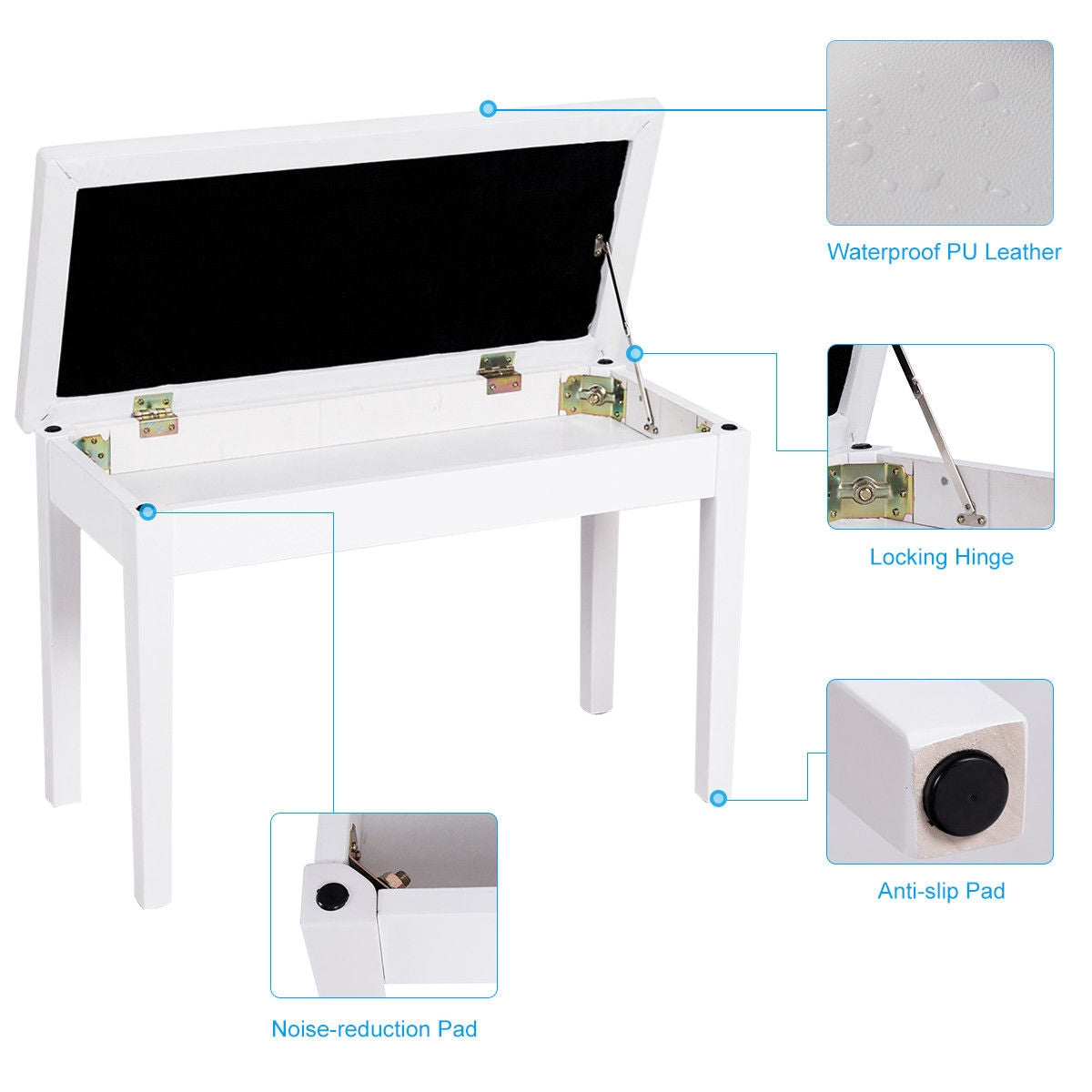Comfortable PU Leather Piano Bench with Sturdy Solid Wood Base for Keyboard - White