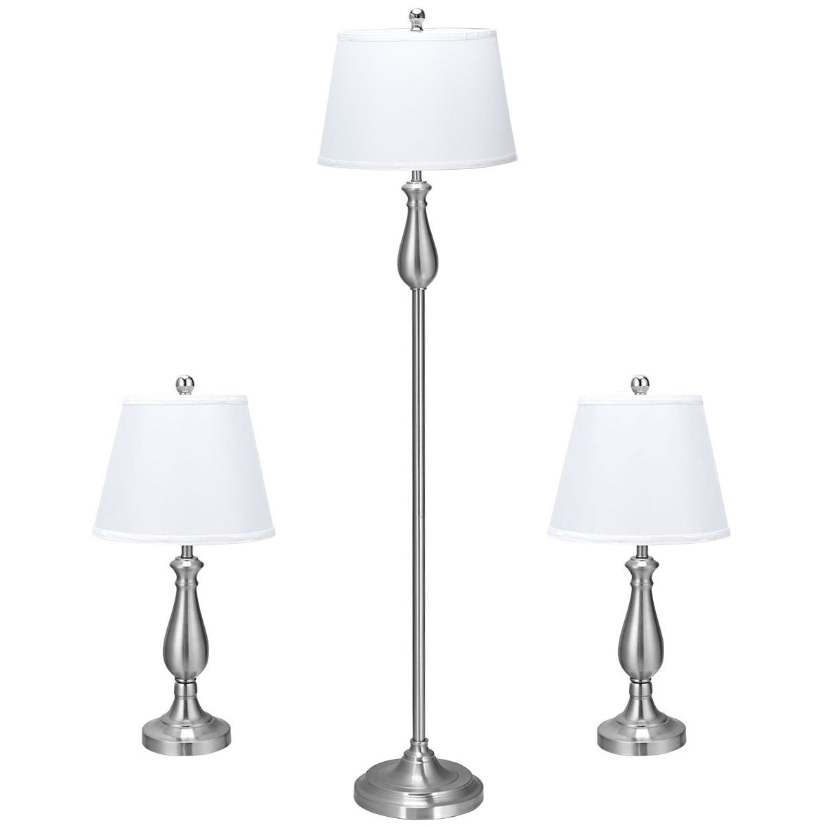 Elegant 3 Piece Brushed Nickel Lamp Set with White Fabric Shades - Silver