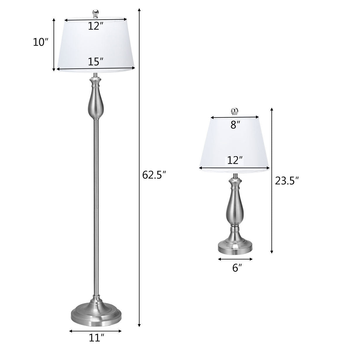 Elegant 3 Piece Brushed Nickel Lamp Set with White Fabric Shades - Silver