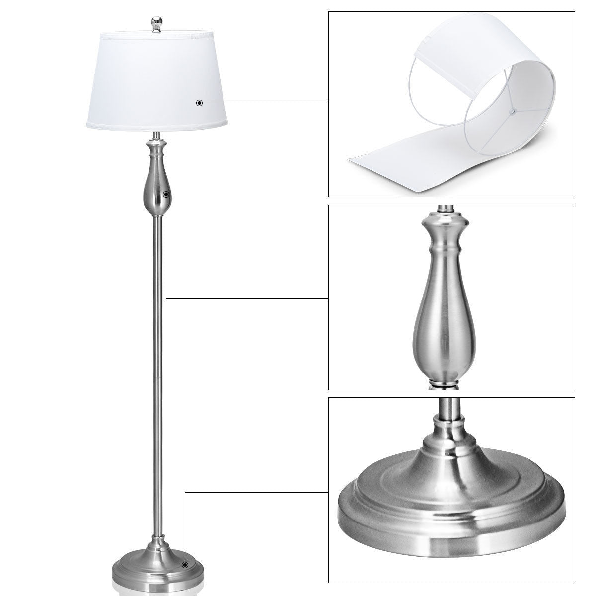 Elegant 3 Piece Brushed Nickel Lamp Set with White Fabric Shades - Silver