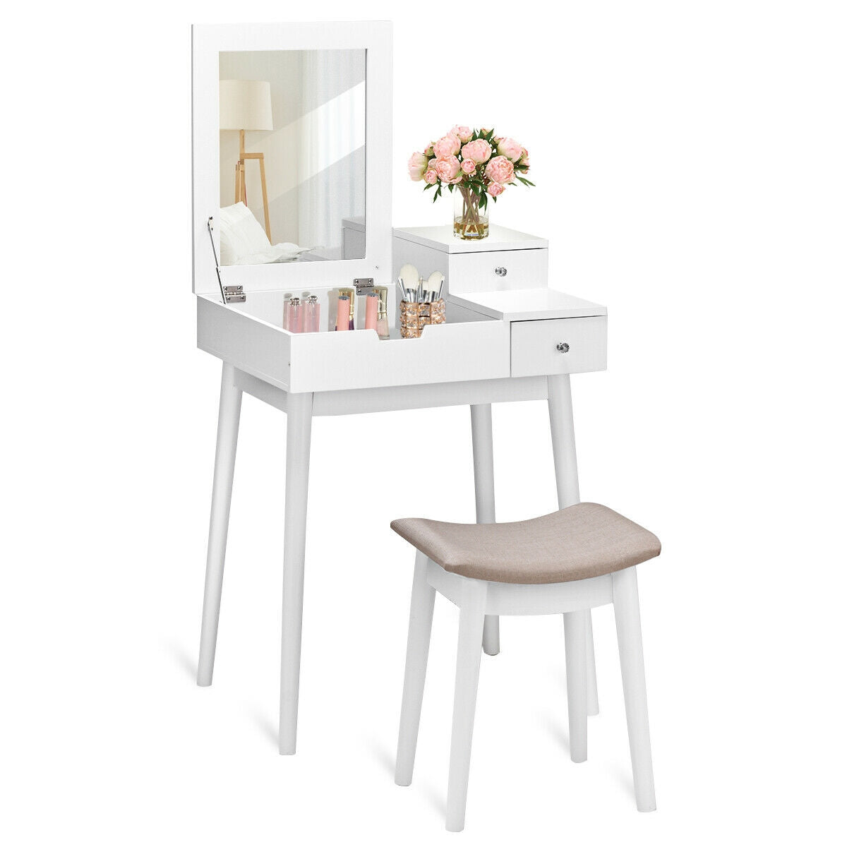White Vanity Set with Flip Mirror, Storage Drawers, and Cushioned Stool
