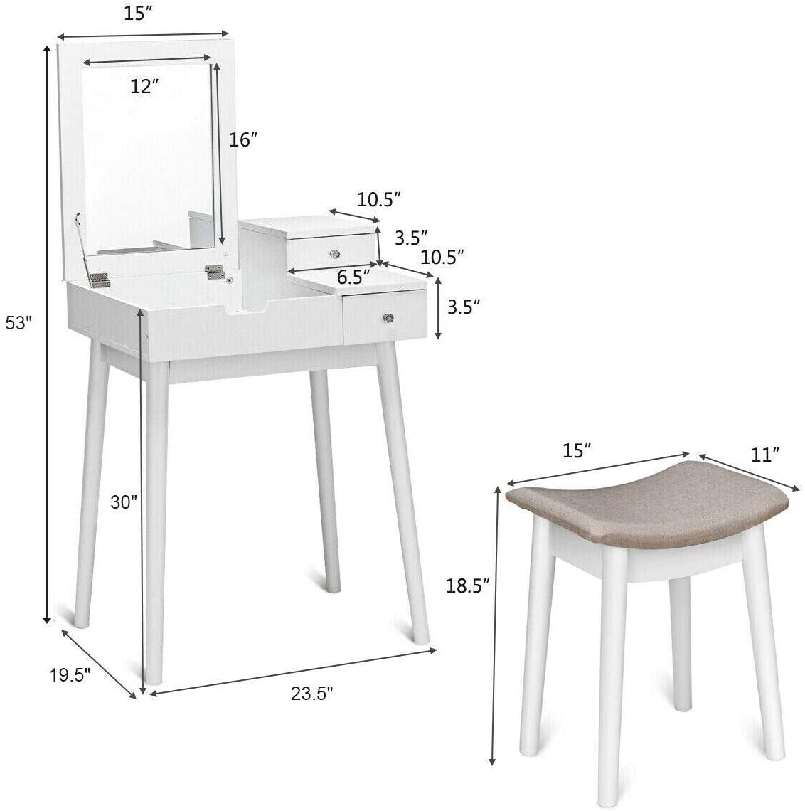 White Vanity Set with Flip Mirror, Storage Drawers, and Cushioned Stool