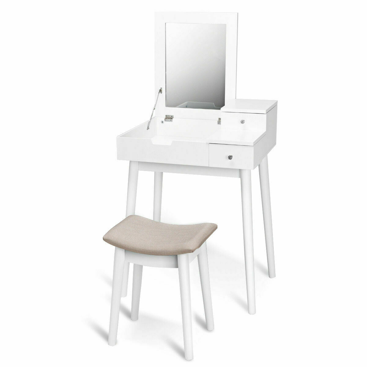 White Vanity Set with Flip Mirror, Storage Drawers, and Cushioned Stool