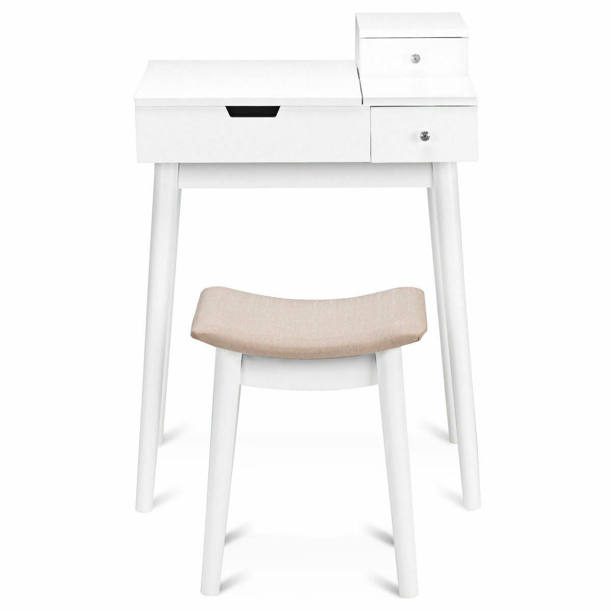 White Vanity Set with Flip Mirror, Storage Drawers, and Cushioned Stool