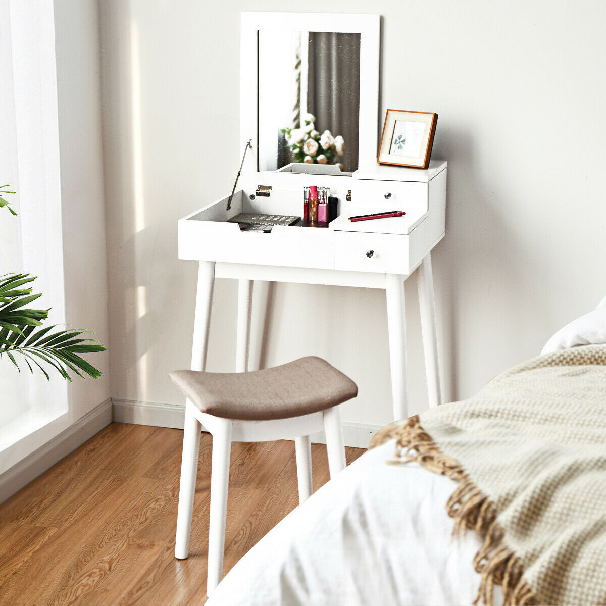 White Vanity Set with Flip Mirror, Storage Drawers, and Cushioned Stool