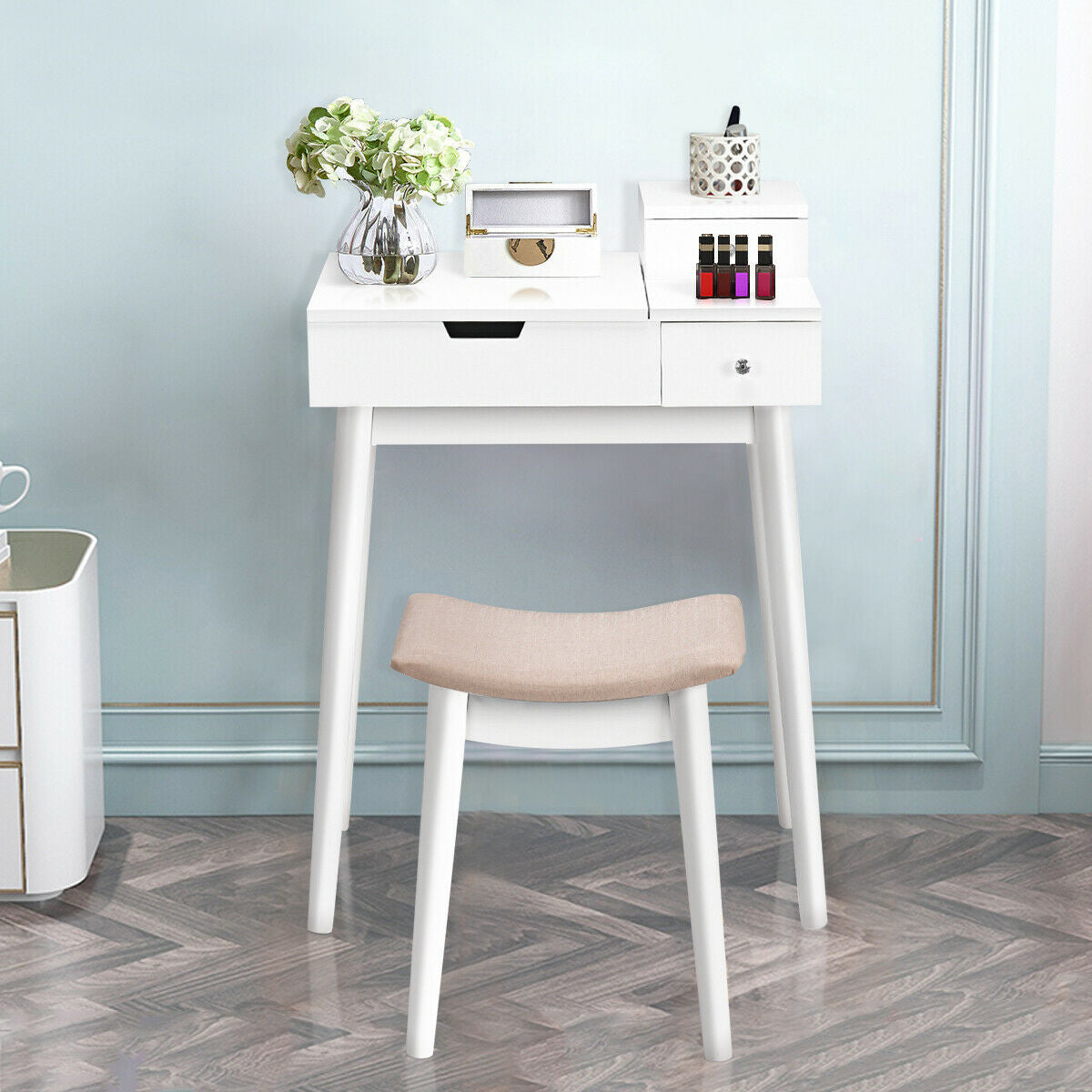 White Vanity Set with Flip Mirror, Storage Drawers, and Cushioned Stool