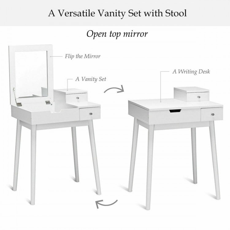 White Vanity Set with Flip Mirror, Storage Drawers, and Cushioned Stool