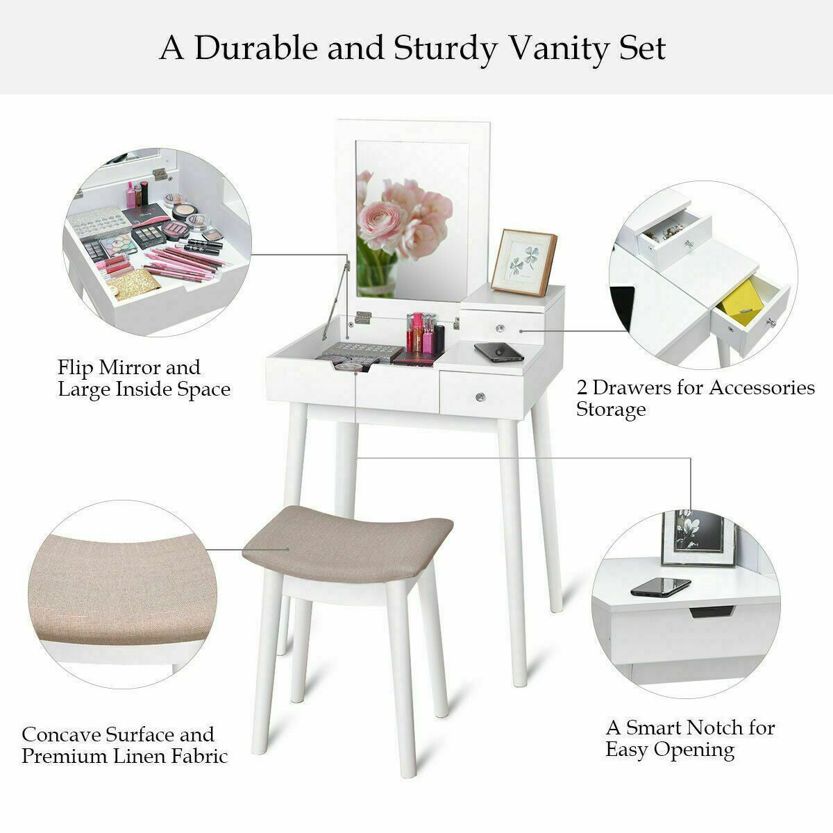 White Vanity Set with Flip Mirror, Storage Drawers, and Cushioned Stool
