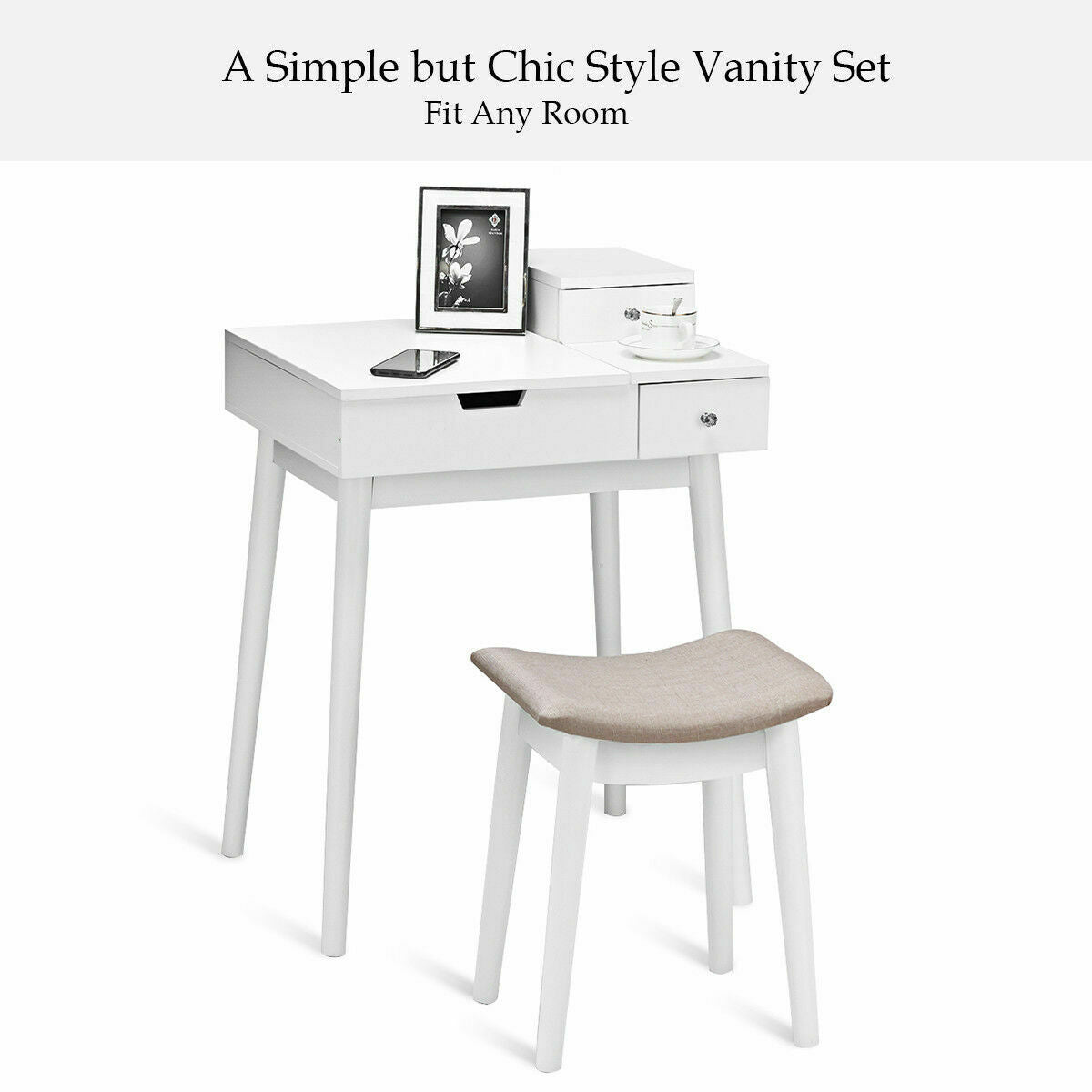 White Vanity Set with Flip Mirror, Storage Drawers, and Cushioned Stool