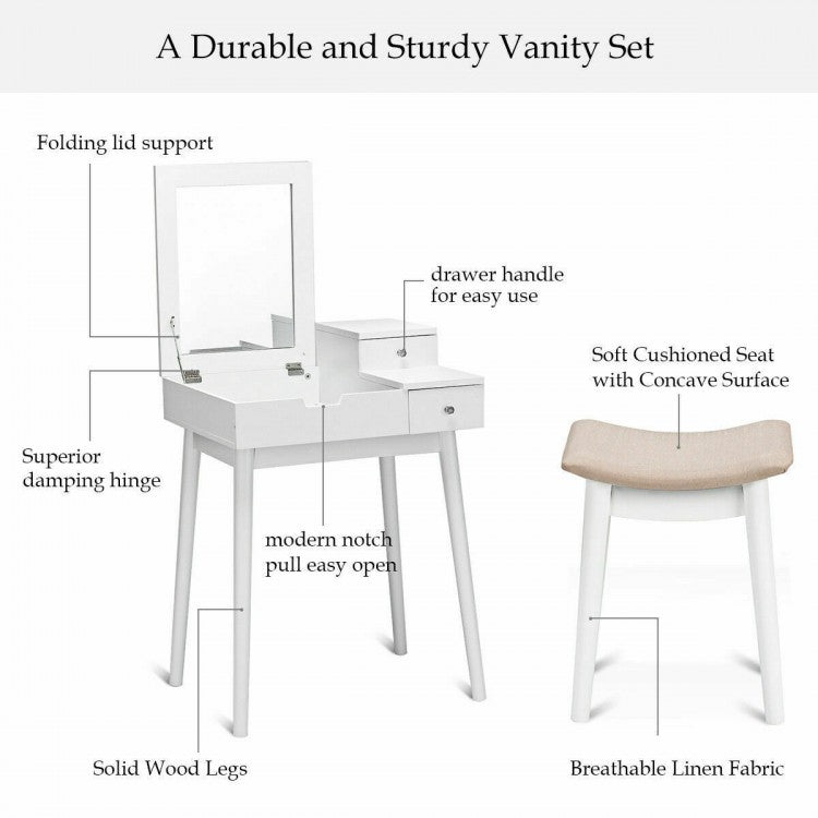 White Vanity Set with Flip Mirror, Storage Drawers, and Cushioned Stool