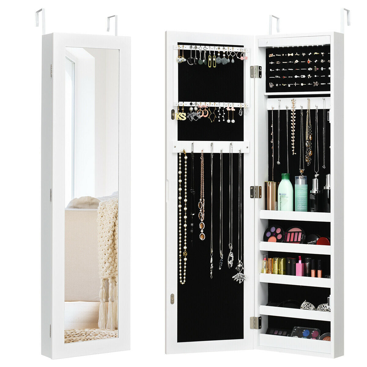 White Wall and Door Mounted Jewelry Cabinet with LED Light and Mirror