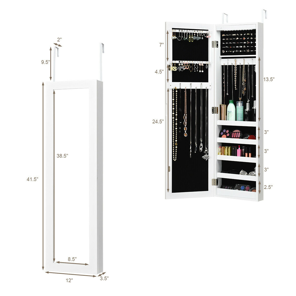 White Wall and Door Mounted Jewelry Cabinet with LED Light and Mirror