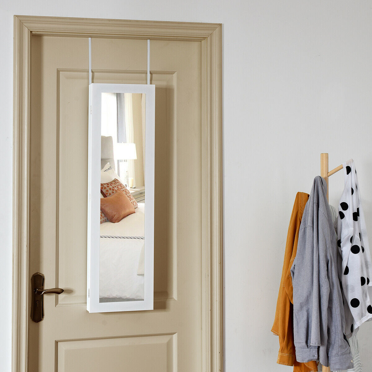 White Wall and Door Mounted Jewelry Cabinet with LED Light and Mirror