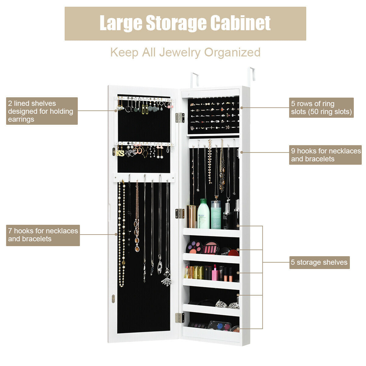 White Wall and Door Mounted Jewelry Cabinet with LED Light and Mirror