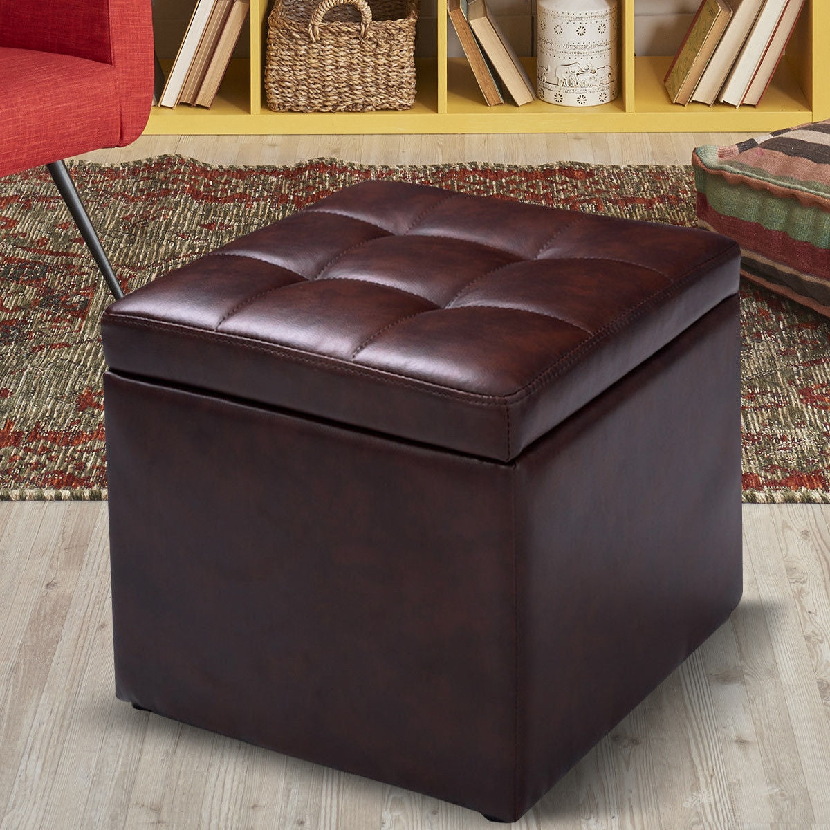 Compact Storage Pouffe Ottoman with Hinged Cover – Brown