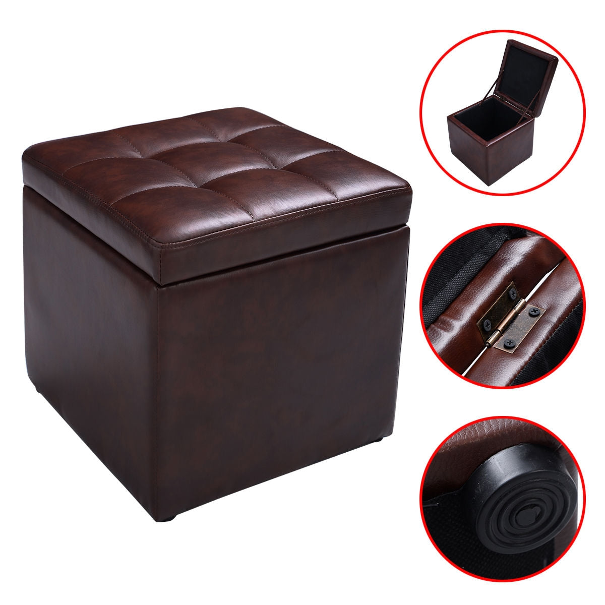 Compact Storage Pouffe Ottoman with Hinged Cover – Brown