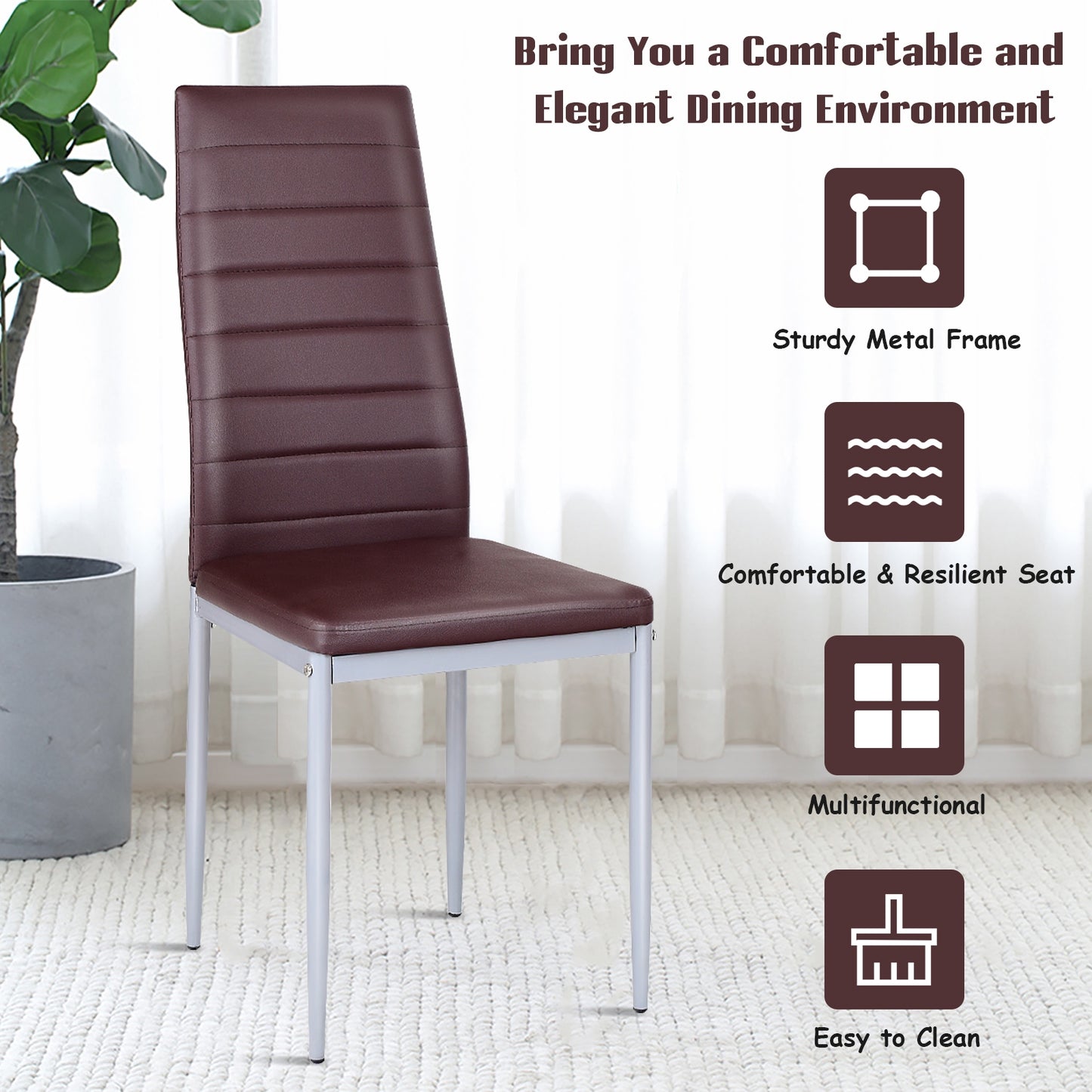 Set of 4 Elegant PVC Leather Dining Chairs with Modern Design - Brown