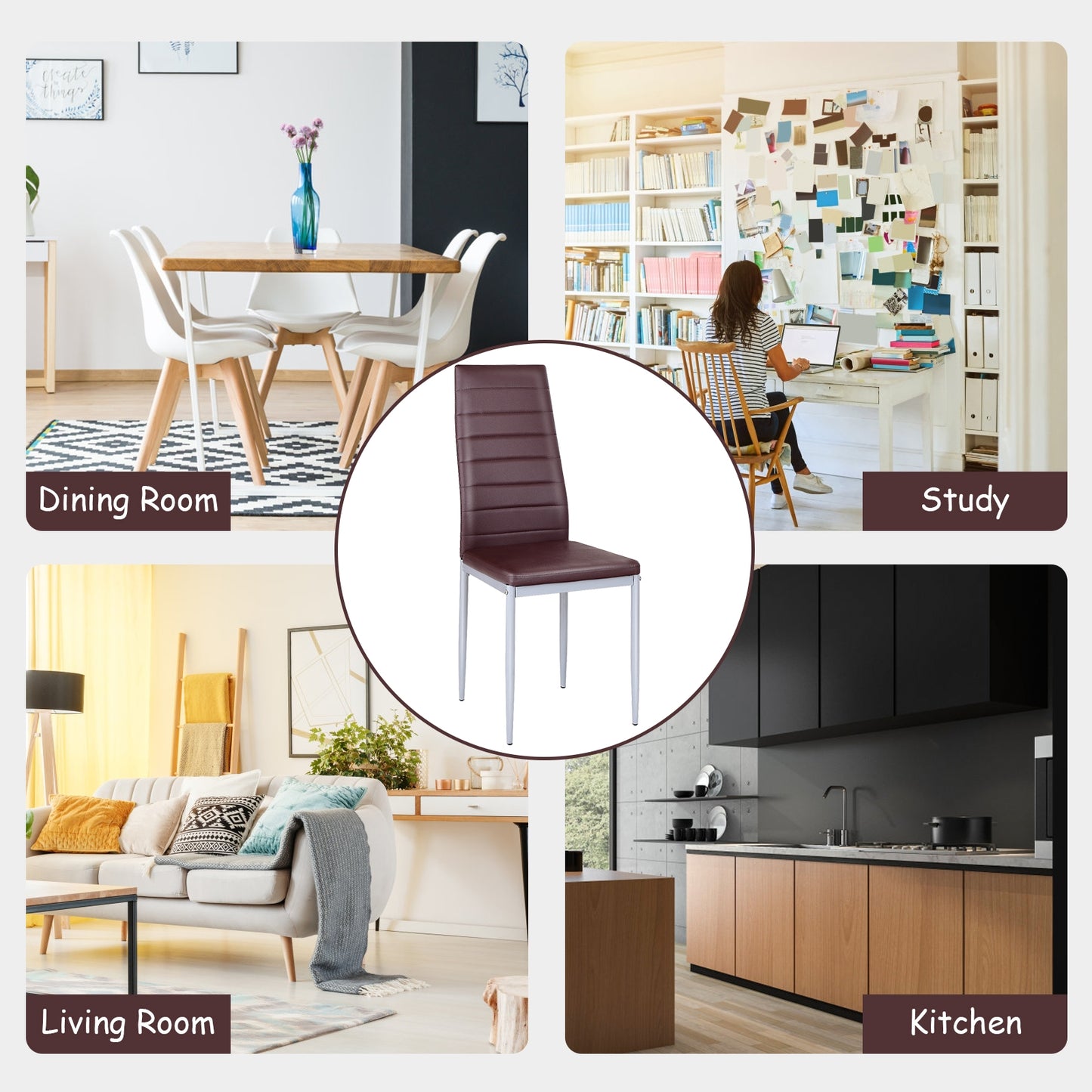 Set of 4 Elegant PVC Leather Dining Chairs with Modern Design - Brown