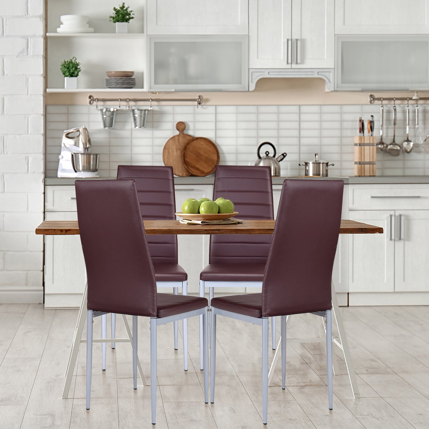 Set of 4 Elegant PVC Leather Dining Chairs with Modern Design - Brown